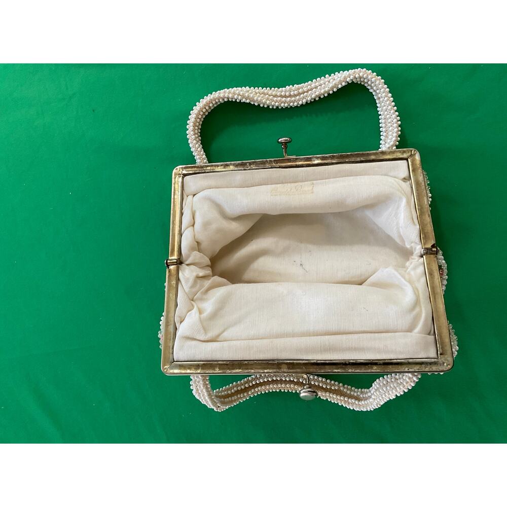 Vintage 1950’s Corde Bead Lumured Ivory Floral Clutch Handbag Purse With Handle - Picture 6 of 10